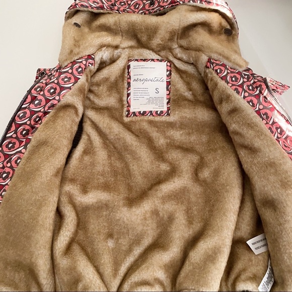 Aeropostale Down Feather Hooded Puffer Vest Faux Fur Burgundy Y2K Boho Snow S - Picture 4 of 6